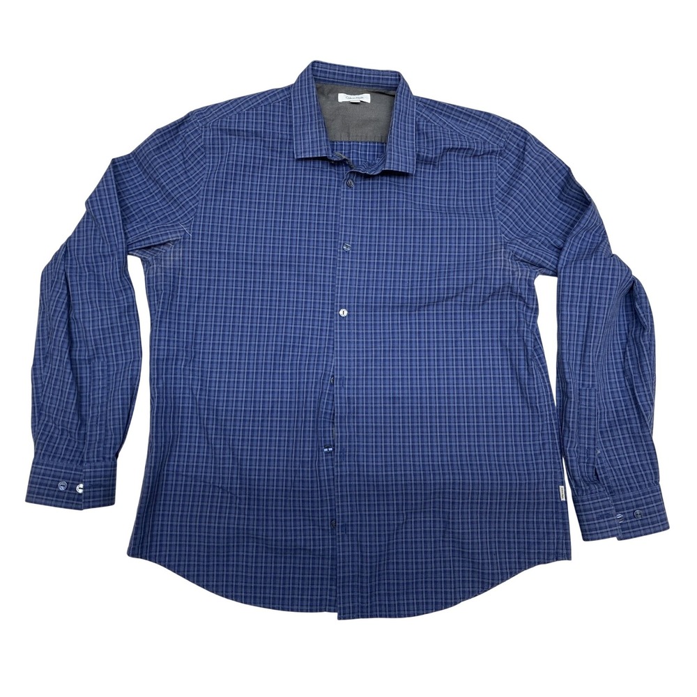 Calvin Klein Mens‎ Blue Plaid Long Sleeve Button Down Cotton Shirt Size L